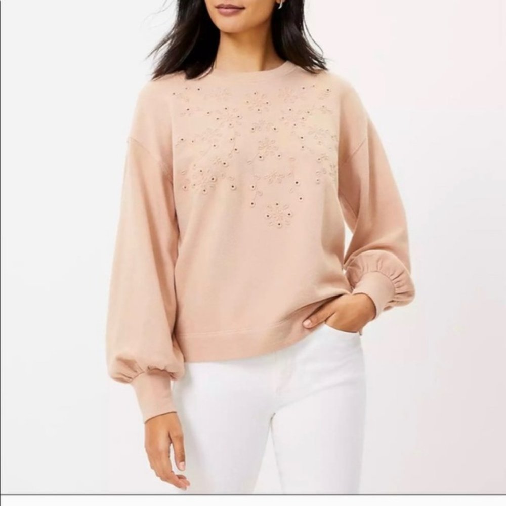 Loft Plus White Embroidered Eyelet Balloon Sleeve Sweatshirt - Picture 3 of 8